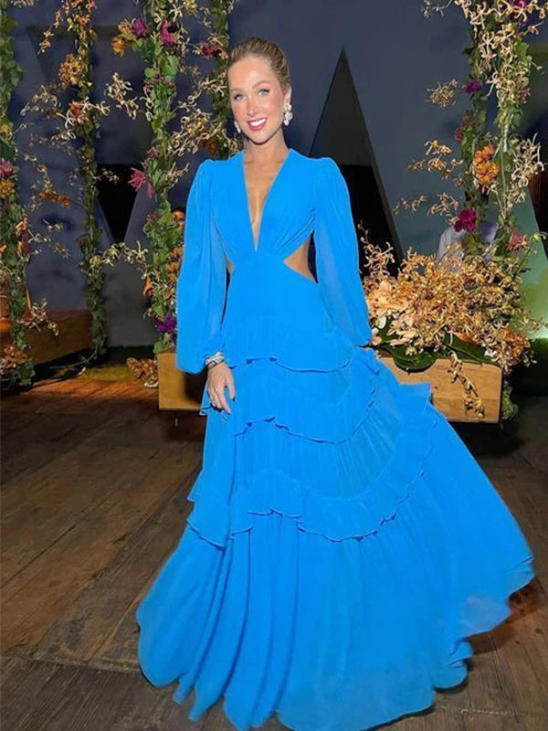 Elegant Blue  V-neck Long Sleeves Side Cut Out A-line Long Prom Dress, PD3664