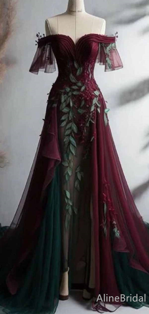 Unique Color-Block Burgundy and Green Formal Gown with Sheer Sleeves, PD381952
