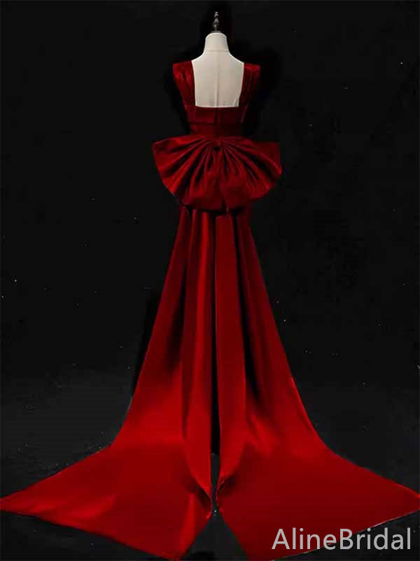 Stunning  Red Square Straps Long Mermaid Prom Dress with Bow Detailing, PD381956