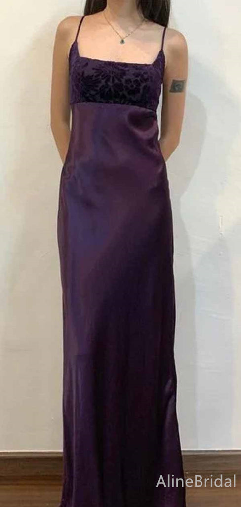 Elegant Purple Square Spaghetti Strap Fit and Flare Long Prom Dress, Evening Dress, PD381961