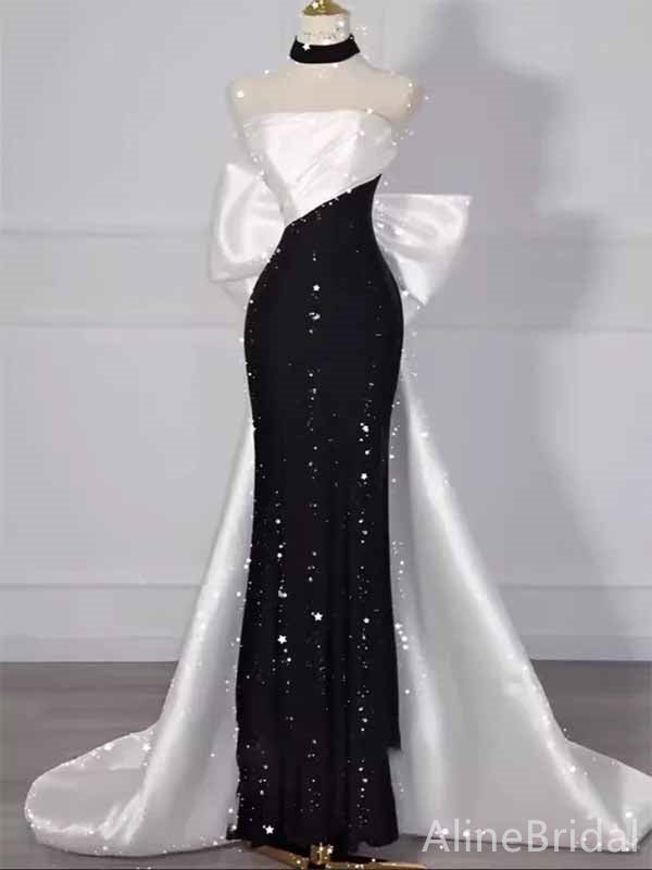 Stunning Black& White Color Blocking Strapless Long Ball Gown with Striking Bow, PD381969