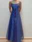 Elegant Blue Lace Spaghetti Strap A-line Long Prom Dress with Tulle Detailing,PD381972