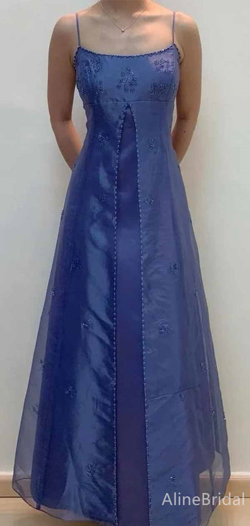 Elegant Blue Lace Spaghetti Strap A-line Long Prom Dress with Tulle Detailing,PD381972