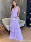 Elegant Purple V-neck Ruffles A-line Long Tiered Prom Dress, Evening Dress, PD381979