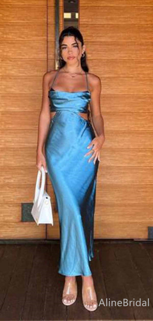 Unique Blue Spaghetti Strap Side Cut-Out Mermaid Long Prom Dress,PD382006