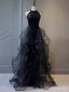 Sparkly Black Halter A-line Long Layered Tulle Prom Dress, Evening Dress, PD382009