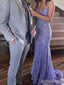 Sparkly Purple V-neck Spaghetti Strap Beading Long Mermaid Prom Dress, PD382012