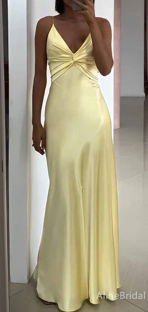 Sexy V-neck Yellow Cut Out Mermaid Long Prom Dress with Bow Detailing, PD382015