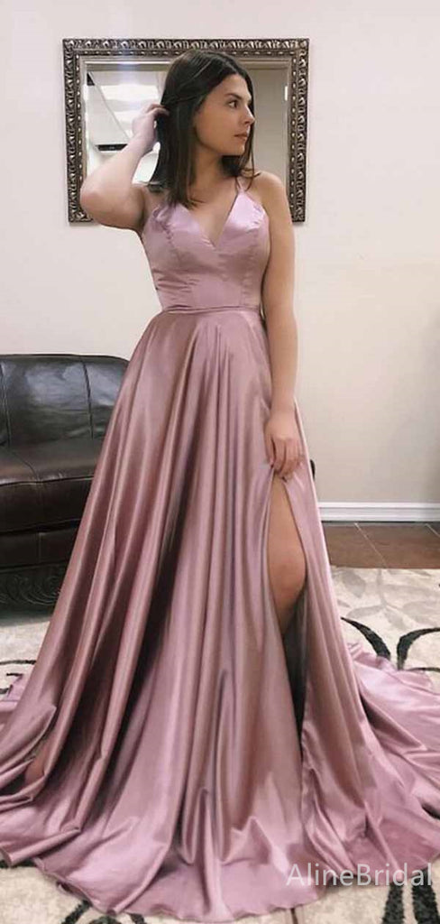 Gorgeous Mauve V-neck Spaghetti Strap A-line Long Prom Dress with Slit, PD382025
