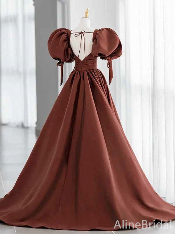 Gorgeous Dark Red V-neck A-line Long Prom Dress with Puff Sleeves, PD382039