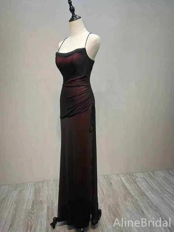 Black&Burgundy Spaghetti Strap Backless Mermaid Long Tulle Prom Dress, PD382042