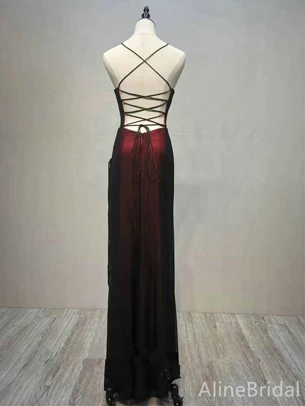 Black&Burgundy Spaghetti Strap Backless Mermaid Long Tulle Prom Dress, PD382042