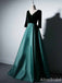 Elegant Emerald Green V-neck Long Sleeves A-line Long Prom Dress, PD382044