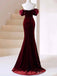 Vintage Sweetheart Off-Shoulder Burgundy Long Velvet Mermaid Prom Dress, PD382045