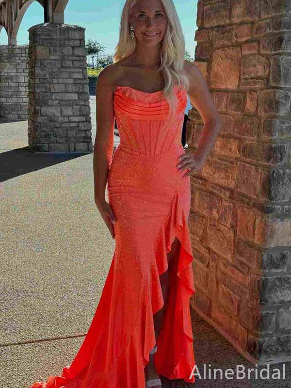 Stunning Strapless Orange Ruffle Corset Mermaid Long Prom Dress with Side Slit, PD382052