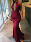 Sexy Burgundy Halter Long Mermaid Prom Dress with Cut-Out, PD382055