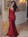 Elegant BUrgundy V-neck Spaghetti Strap Burgundy Long Mermaid Prom Dress, Evening Dress, PD382066