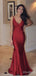 Elegant BUrgundy V-neck Spaghetti Strap Burgundy Long Mermaid Prom Dress, Evening Dress, PD382066