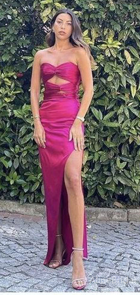 Elegant Magenta Strapless Twist-Front Long Mermaid  Prom Dress with Slit, Evening Dress, PD382069