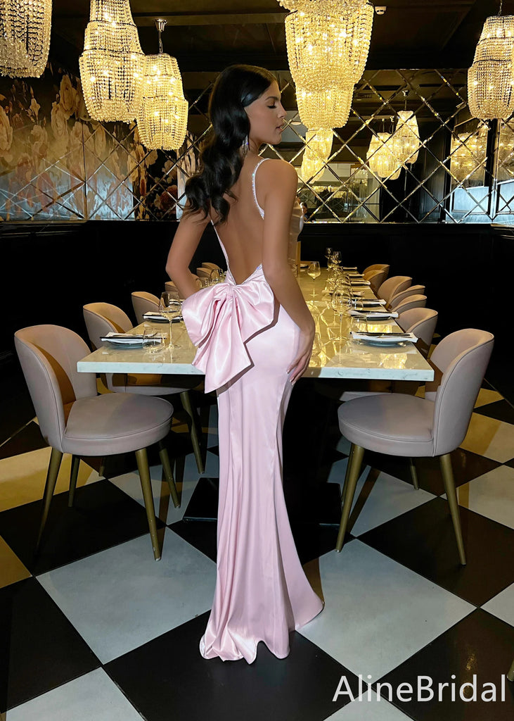 Gorgeous Pink Backless Long Mermaid Prom Dress with Striking Bow, Evening Dress, PD382114