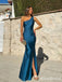 Elegant Dark Blue One-Shoulder Backless Long Mermaid Evening Dress with Slit, Prom Dress, PD382116