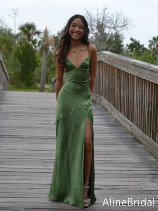 Simple Olive Green Backless Long Prom Dress with Slit, Evening Dress, PD382119