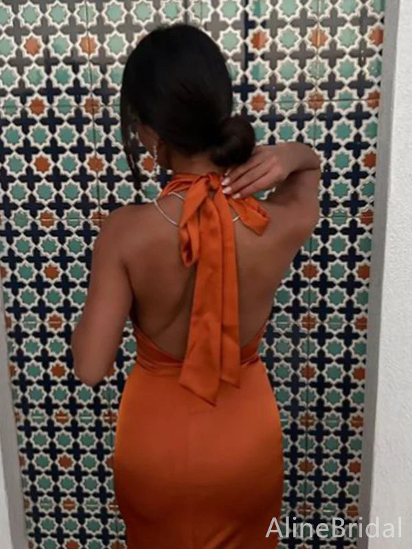 Elegant Burnt Orange Halter Backless Mermaid Long Prom Dress, Evening Dress, PD382134