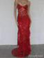 Sexy Red Lace Appliqué Sheer Spaghetti Strap Long Mermaid Evening Gown, Evening Dress, PD382135