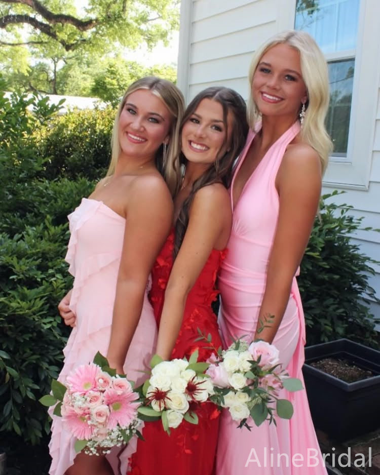 Elegant Pink V-neck Halter Backless Maxi Mermaid Prom Dress, Evening Dress, PD382137