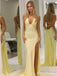 Sexy V-neck Halter Side Slit Yellow Mermaid Long Prom Dress, Backless Evening Dress, PD382146