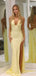 Sexy V-neck Halter Side Slit Yellow Mermaid Long Prom Dress, Backless Evening Dress, PD382146