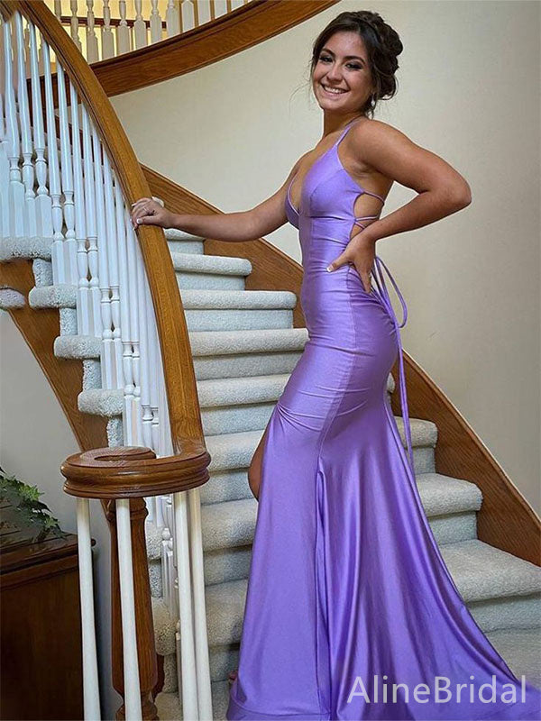 Elegant V-neck Purple Spaghetti Strap Side Slit Mermaid Long Prom Dress,Evening Dress,PD382169