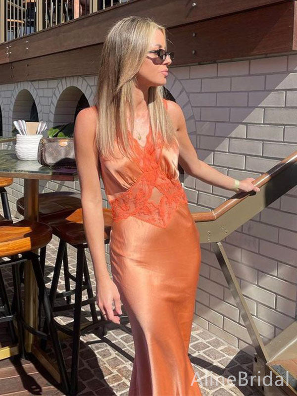 Elegant Orange V-neck Long Mermaid Prom Dress, Evening Dress, PD382173