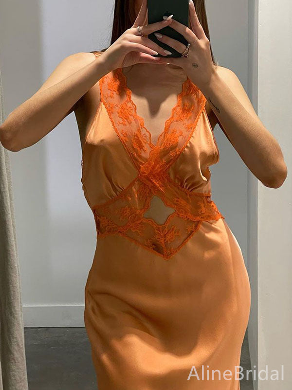 Elegant Orange V-neck Long Mermaid Prom Dress, Evening Dress, PD382173