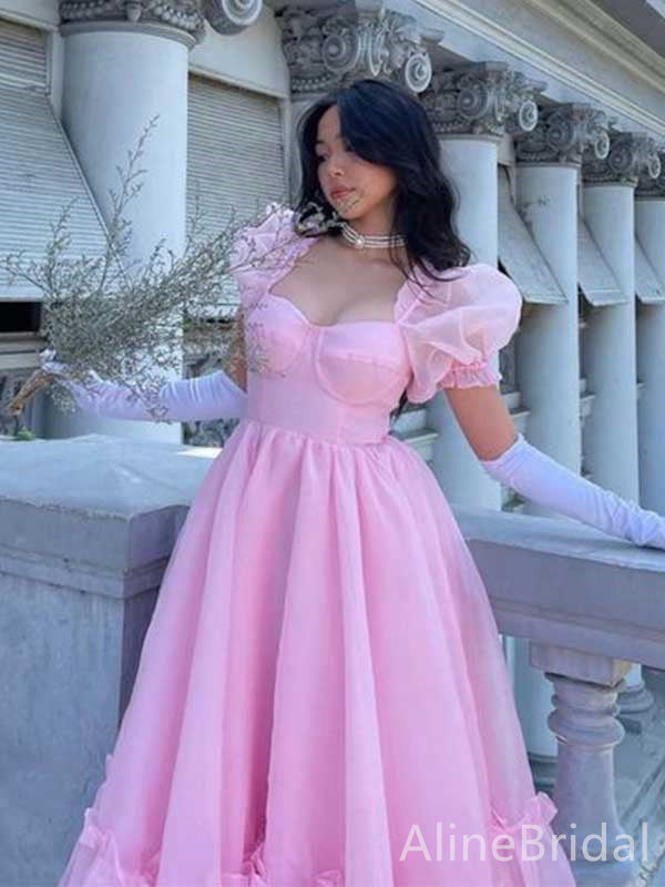 Gorgeous Pink Sweatheart Ruffles A-line Long Prom Dress with Puff Sleeve, Evening Dress, WD3061