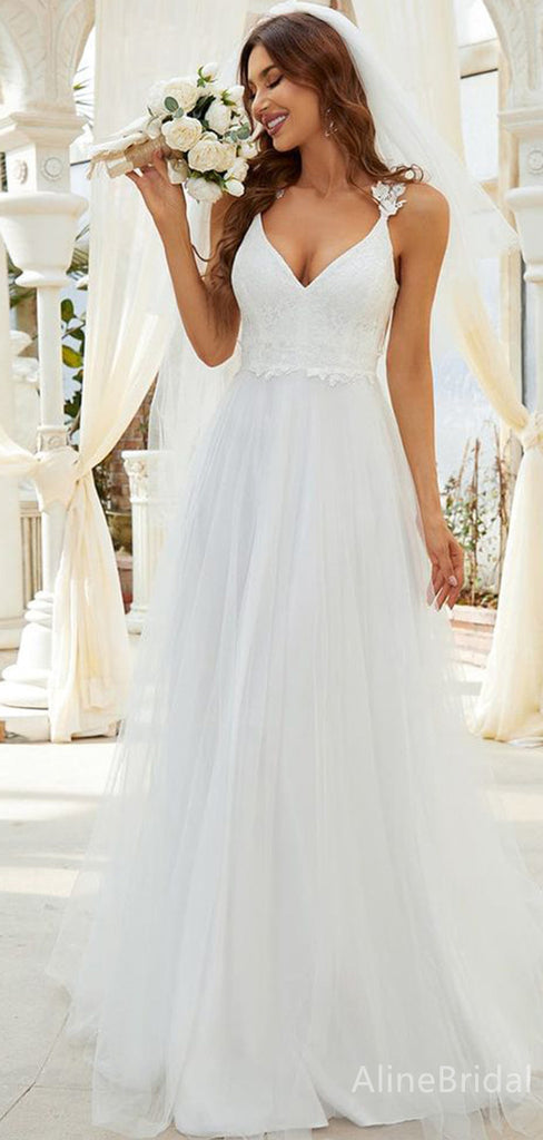 Elegant V-neck Spaghetti Strap A-line Long Wedding Dresses, WD3083
