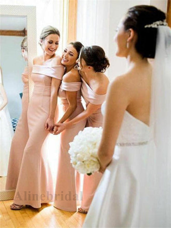 Elegant Pink Off the Shoulder Sleeveless Mermaid Long Bridesmaid Dress, PD3155