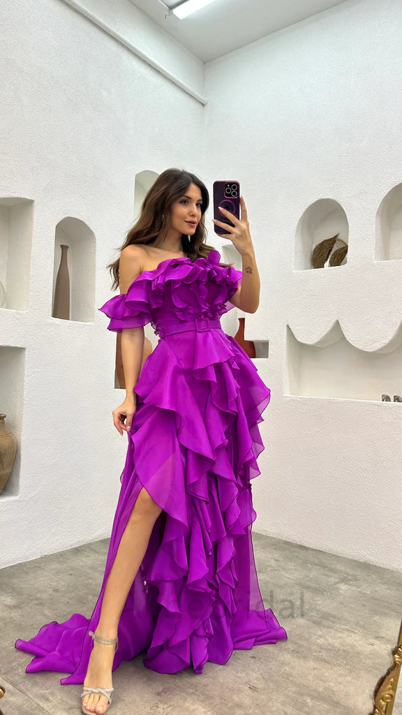 Stunning Purple Off the Shoulder Side Slit A-line Long Prom Dress, Evening Dress, PD3724