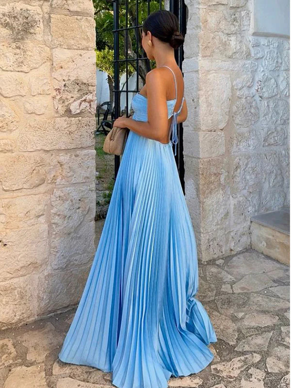 Unique Summer Halter Pleated Blue Spaghetti Strap Backless A-line Long Prom Dress,2025 Fashion Lady A-line Robes,PD381986