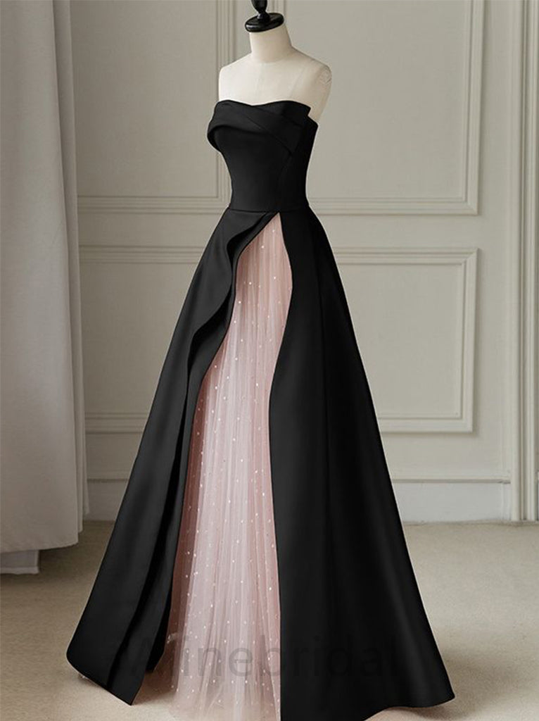 Elegant Black Strapless A-line Floor Length Prom Dress with Pink Tulle, PD3662