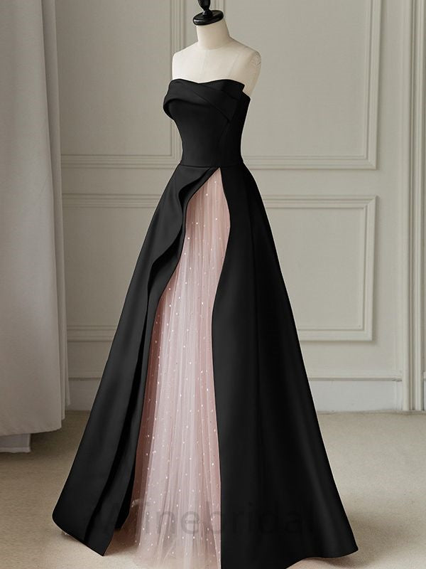 Elegant Black Strapless A-line Floor Length Prom Dress with Pink Tulle, PD3662