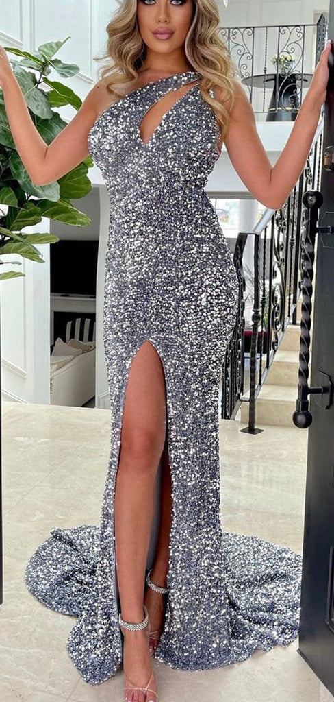 Sparkly Silver One Shoulder Sleeveless Side Slit Mermaid Floor Length Prom Dress, PD3660