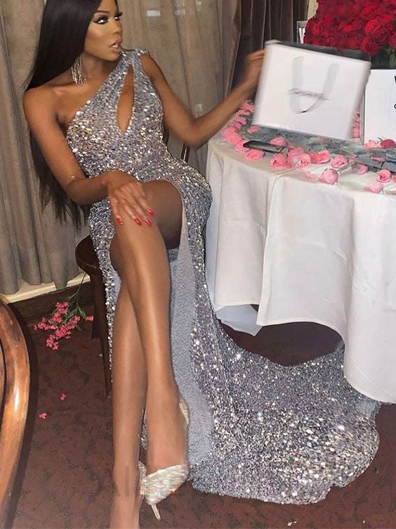 Sparkly Silver One Shoulder Sleeveless Side Slit Mermaid Floor Length Prom Dress, PD3660