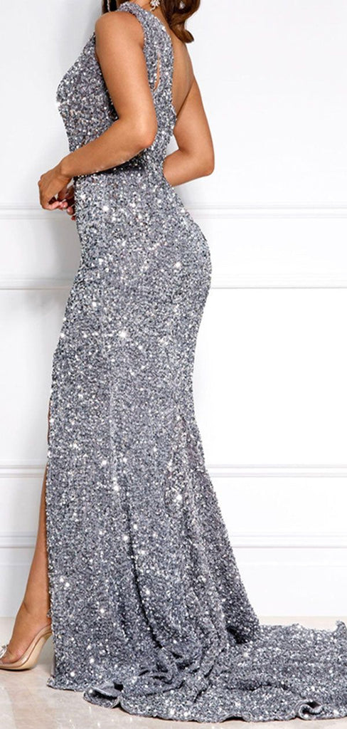 Sparkly Silver One Shoulder Sleeveless Side Slit Mermaid Floor Length Prom Dress, PD3660