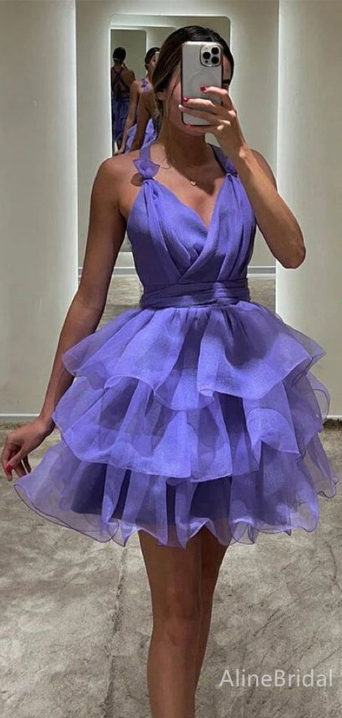 Elegant  Purple V-neck Halter A-line Short Layered Tulle Homecoming Dress, HD32682