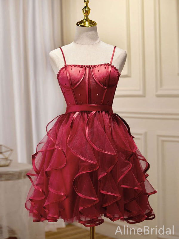 Gorgeous Red Spaghetti Strap Corset A-line Short Tiered Ruffles Homecoming Dress, HD32717