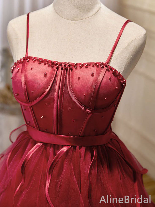 Gorgeous Red Spaghetti Strap Corset A-line Short Tiered Ruffles Homecoming Dress, HD32717