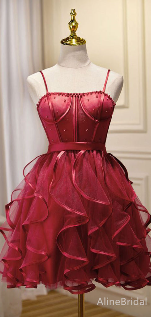Gorgeous Red Spaghetti Strap Corset A-line Short Tiered Ruffles Homecoming Dress, HD32717