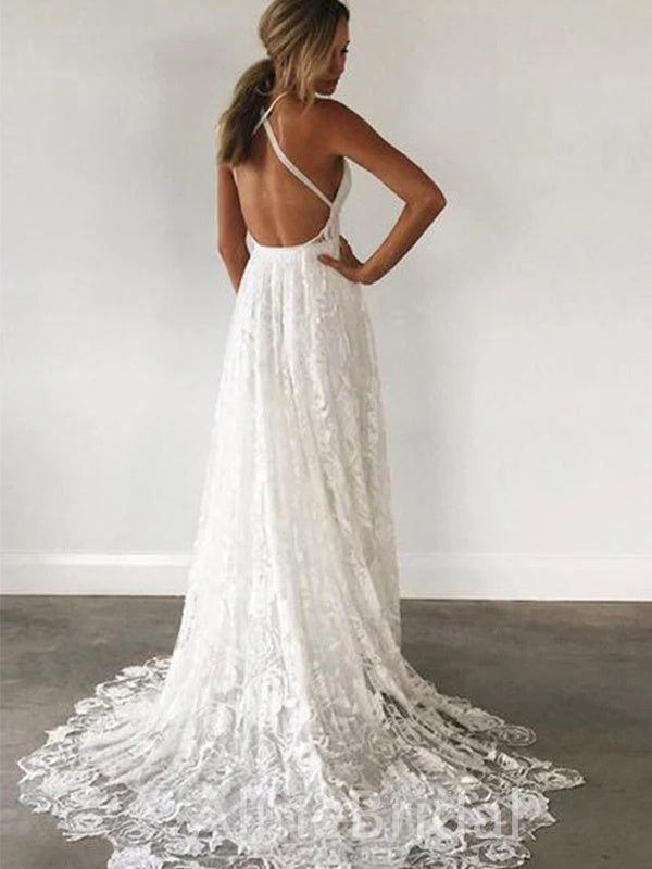 Sexy V-neck A-line Long Lace Wedding Dresses,WD3055