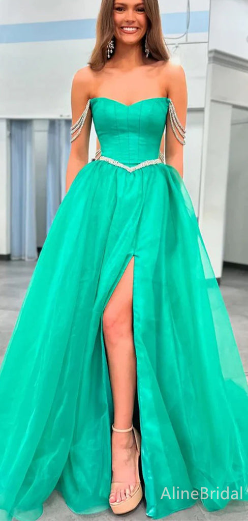 Elegant Green Off the Shoulder Rhinestone A-line Long Prom Ball Gown, PD38043